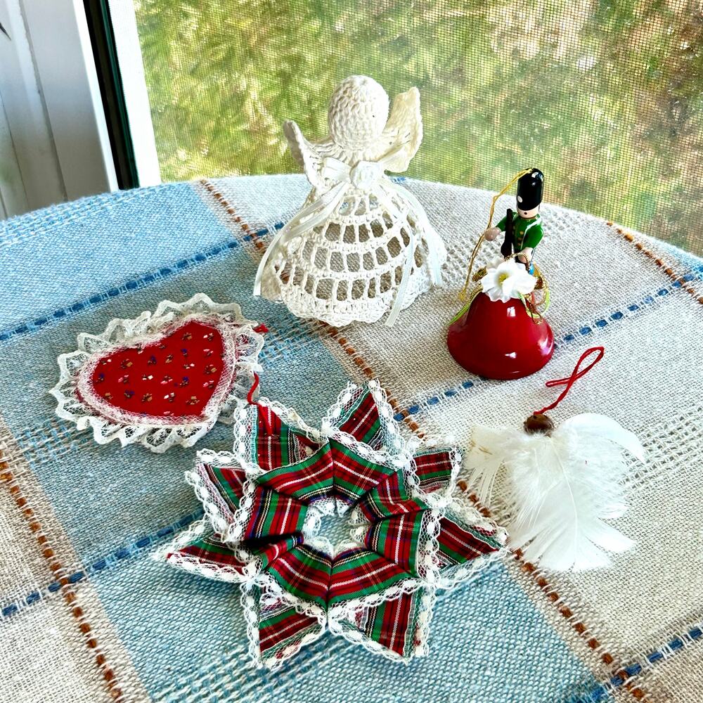 6 Vintage Christmas Ornaments Handmade Crochet Angel, Soldier, Wreath & More